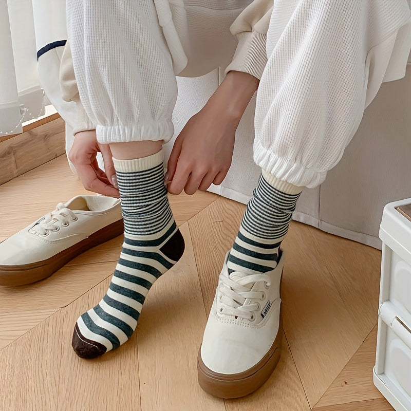 5 Pairs Colorblock Striped Socks Comfy & Breathable Women's Stockings