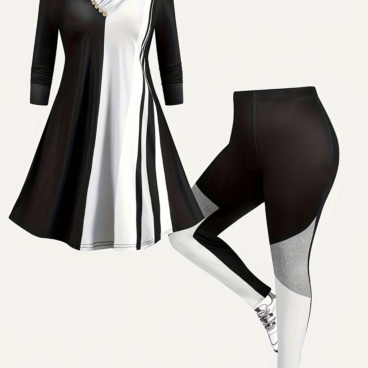 Plus Size Colorblock V Neck Top & Leggings Set