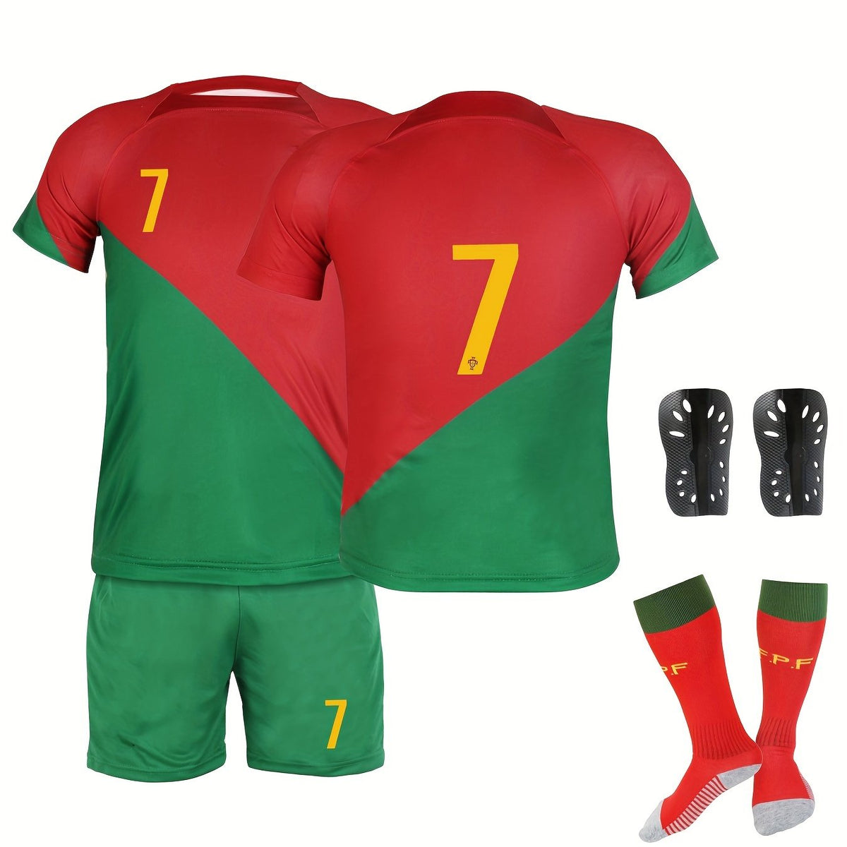 Kids Soccer Jersey No 7 Set with Shorts, Socks, Knee Pads