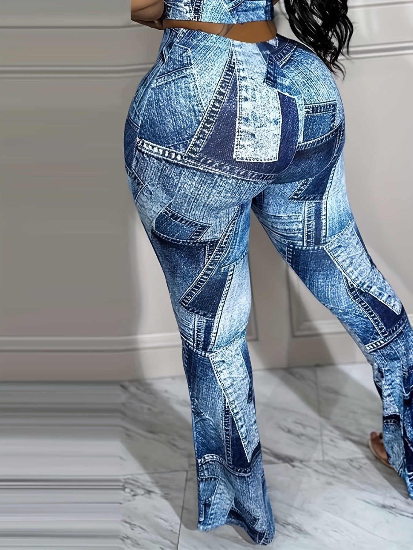  Denim Print Flared Leg Skinny Pants