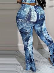  Denim Print Flared Leg Skinny Pants