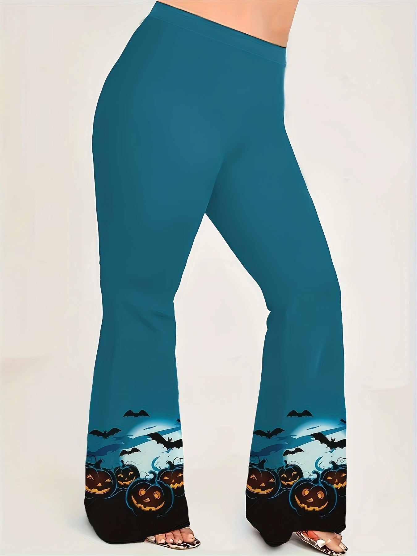 Women's Plus Funny Pumpkin & Bat Print Flare Pants
