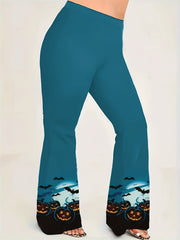 Women's Plus Funny Pumpkin & Bat Print Flare Pants