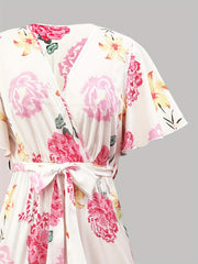  Floral Print Butterfly Sleeve Smock Pleated Dress
