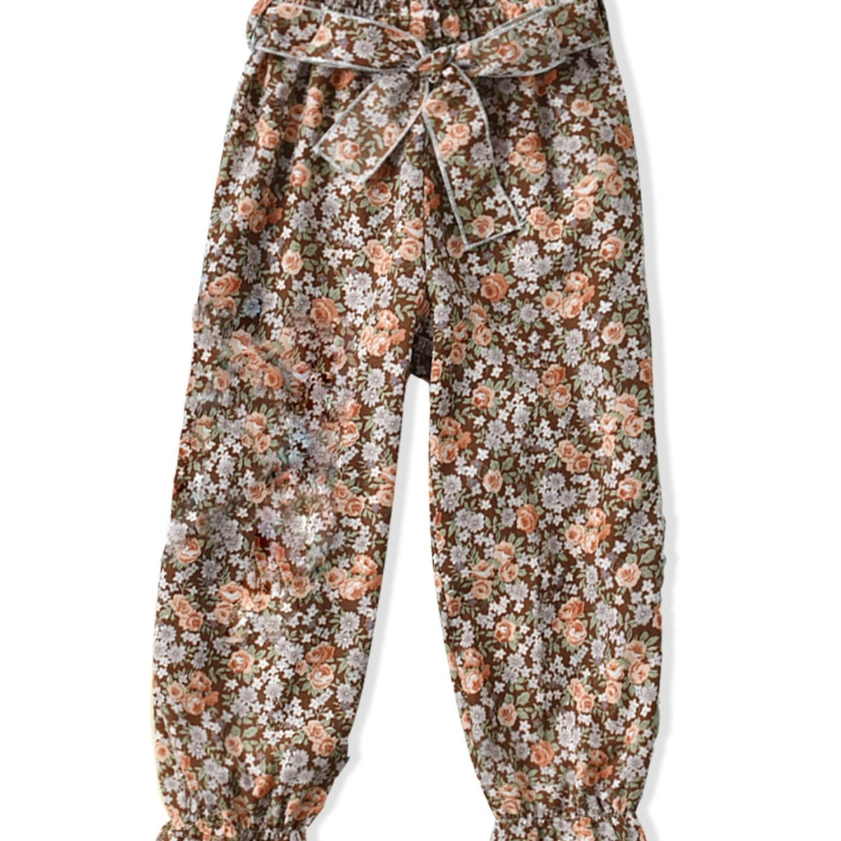 Girls Floral Trousers Elastic Waist Belted Frill Trim Pants