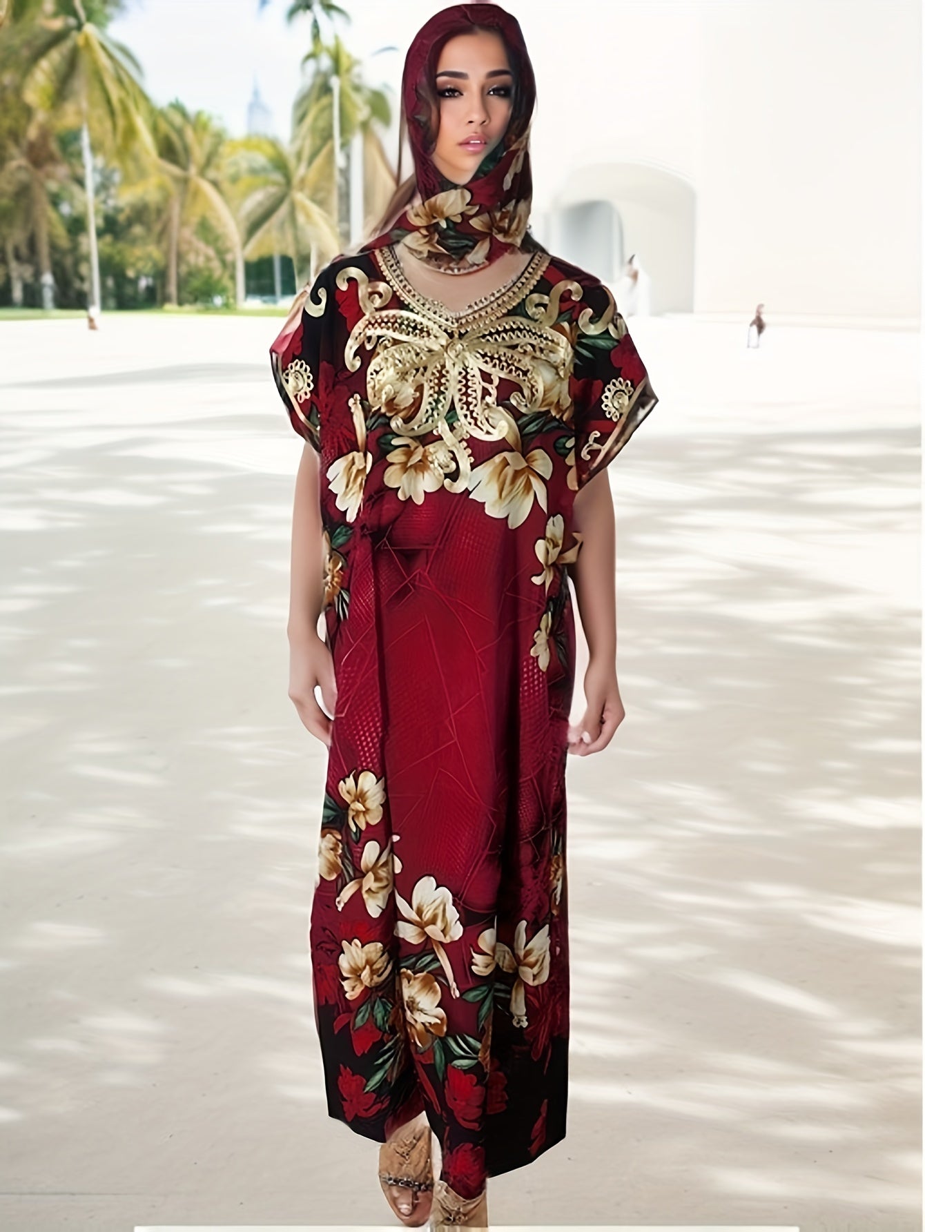  Floral Print Embroidered Bat Sleeve V Neck Maxi Jalabiya Dress