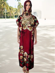  Floral Print Embroidered Bat Sleeve V Neck Maxi Jalabiya Dress