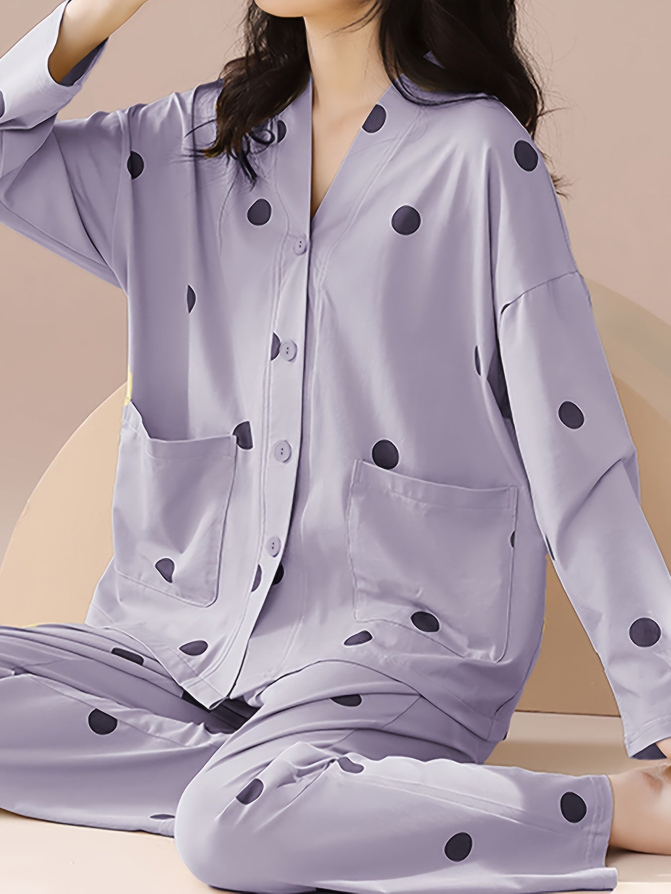 Polka Dot Pajama Set Long Sleeve Top & Pants Women's Sleepwear