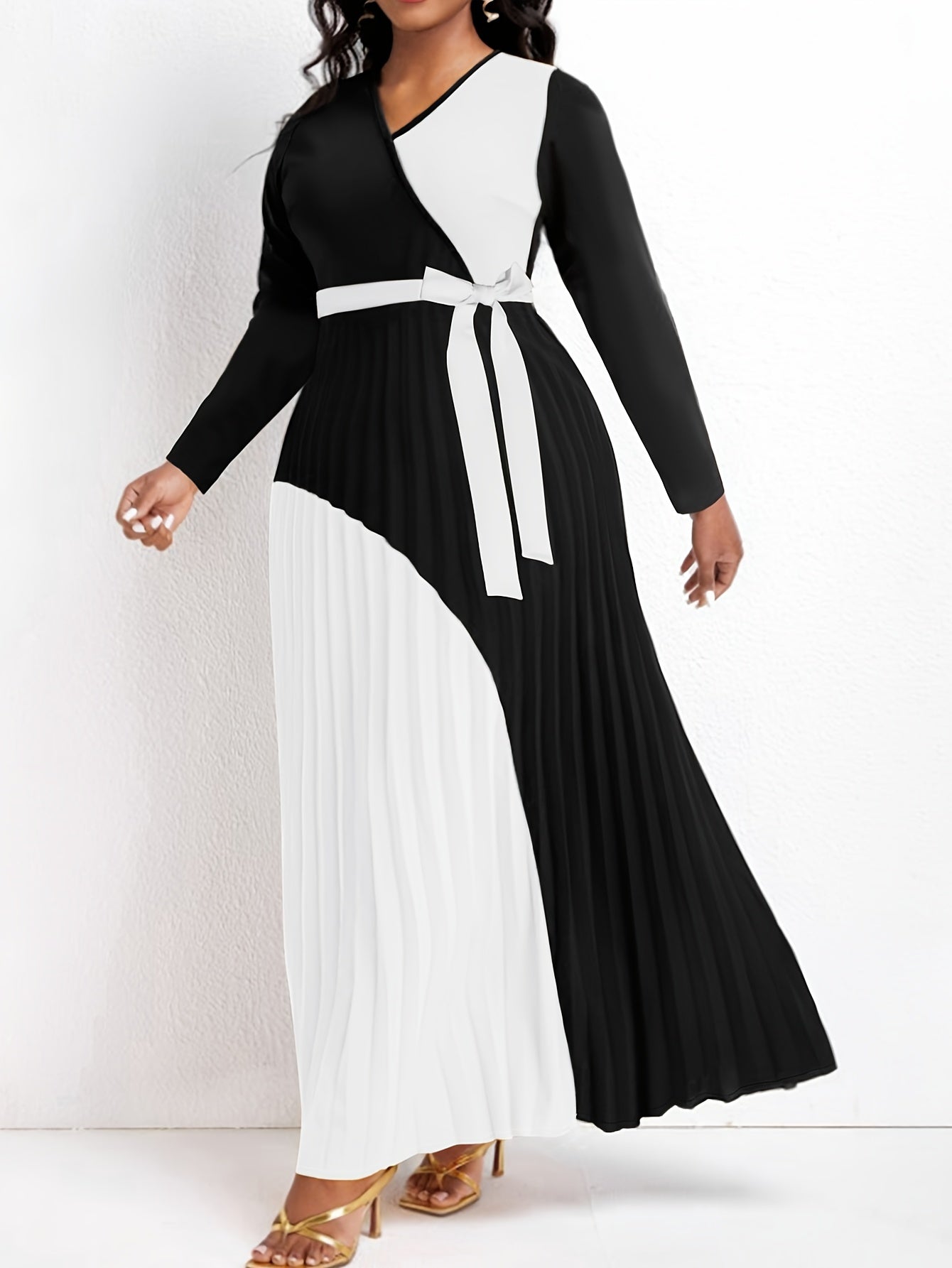  Colorblock Long Sleeve Maxi Dress With Belt