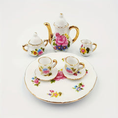 Floral Tea Set for Dolls - Teapot, Cups, Saucers, Tray - Flower Patterns