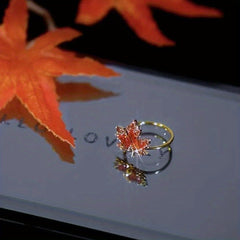 Adjustable Ring Necklace And Earrings Set Red Leaf Artificial Diamond