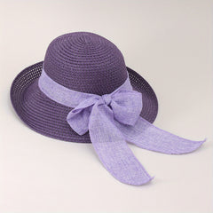 Straw Bucket Hat Bowknot Ribbon Solid Summer Beach Hat