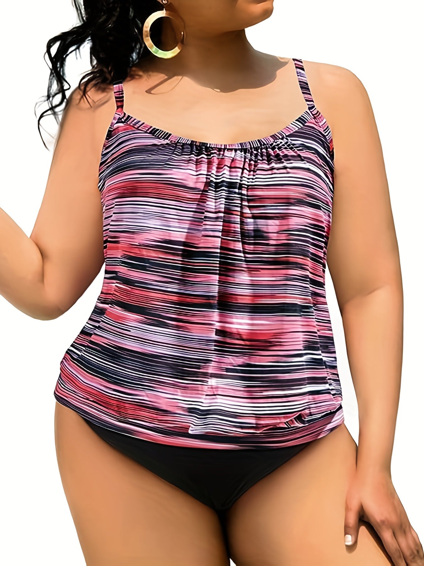  Striped Print Tankini Set Cami Top & Panty Swimsuit 2 Piece
