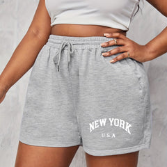 Art Letter Print Elastic Drawstring Casual Shorts