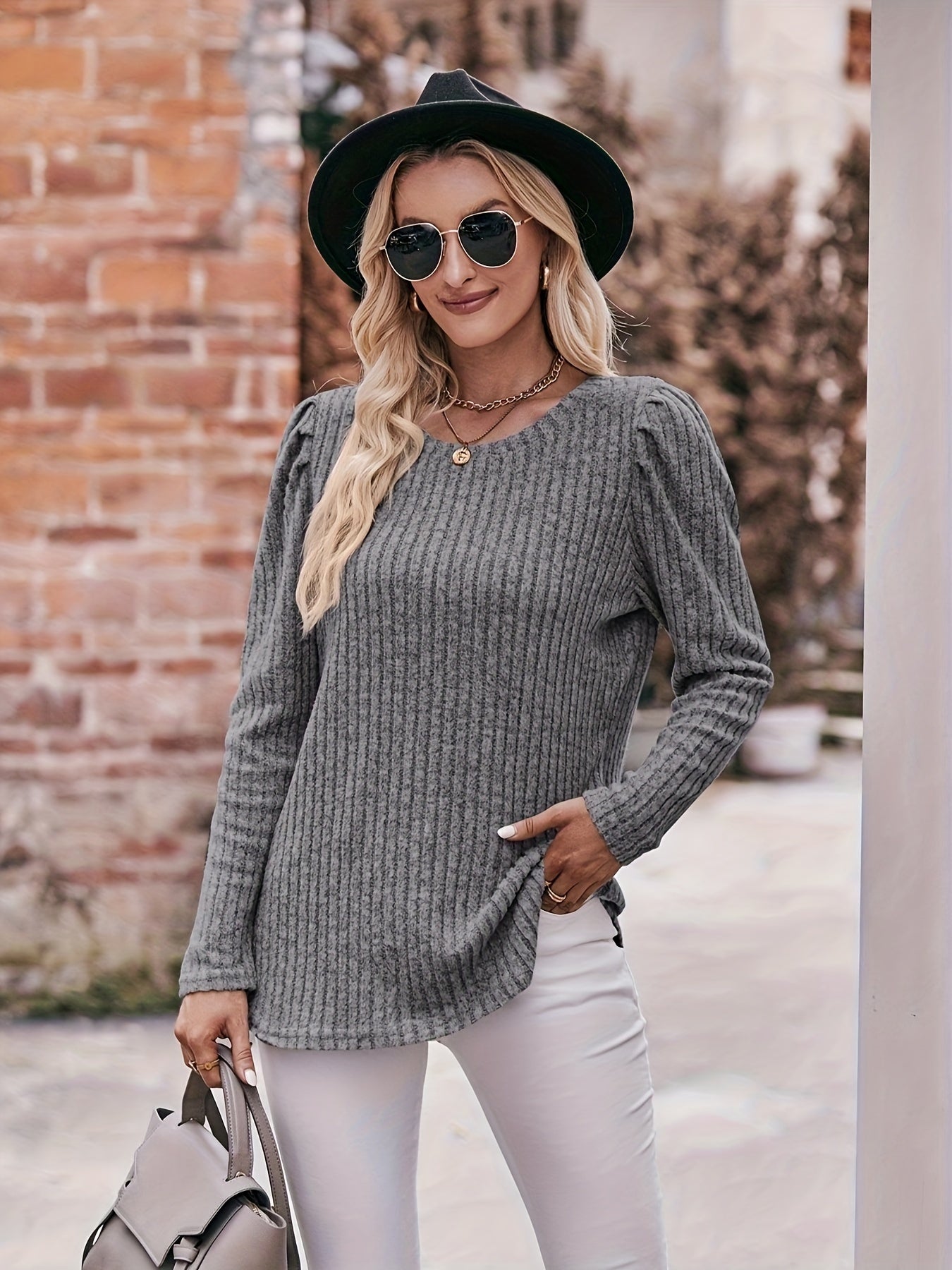  Casual Sweater Solid Ribbed Lantern Sleeve Round Neck Knit Top