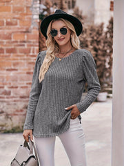  Casual Sweater Solid Ribbed Lantern Sleeve Round Neck Knit Top