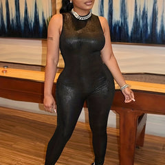 Sleeveless Slim Solid Jumpsuit Sexy Mock Neck Jumpsuit For Spring & Summer