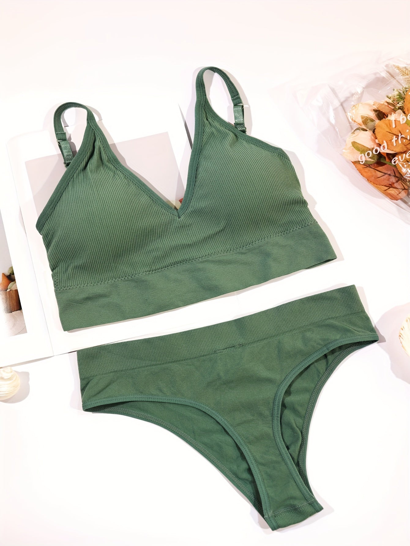 3 Sets Ribbed Bra & Panties Lingerie Set Women's Underwear