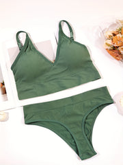 3 Sets Ribbed Bra & Panties Lingerie Set Women's Underwear