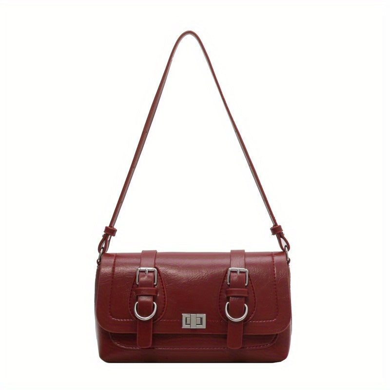 Retro Style Vegan Leather Shoulder Bag Buckle Decor Flap Baguette Bag