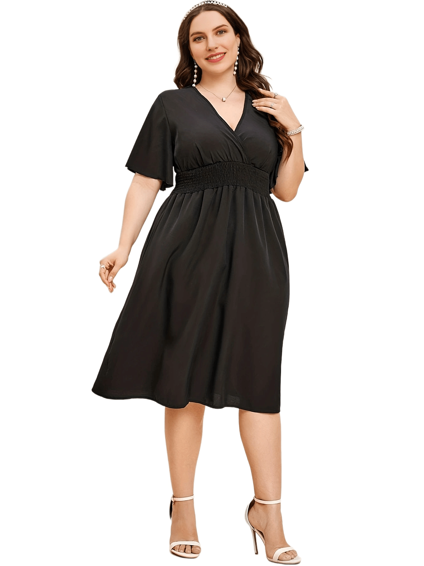  Casual Midi Dress Surplice Neck Shirred Waist Tie Back