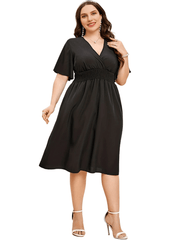  Casual Midi Dress Surplice Neck Shirred Waist Tie Back