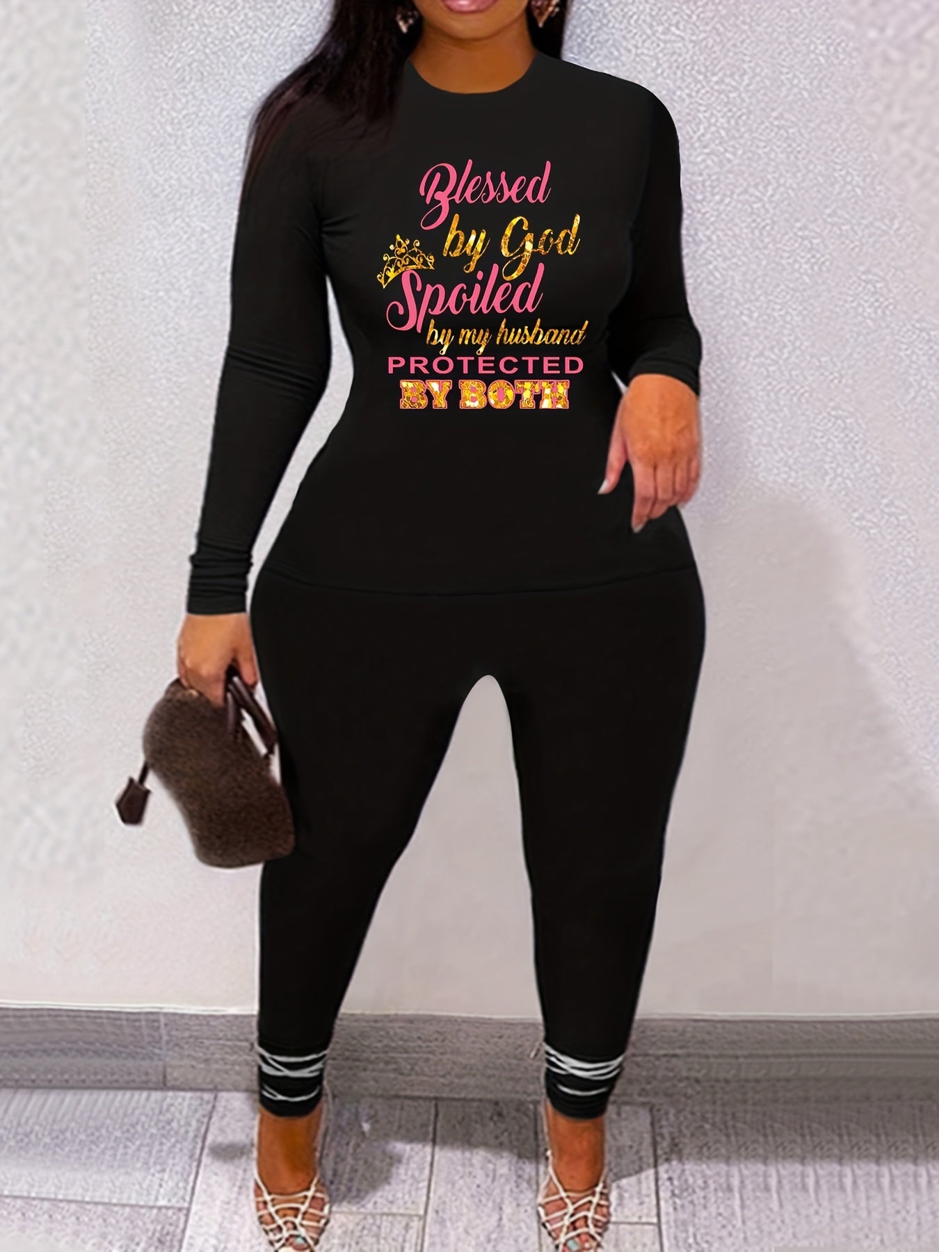  Glitter Crown & Letter Print Tee & Leggings 2pcs Set