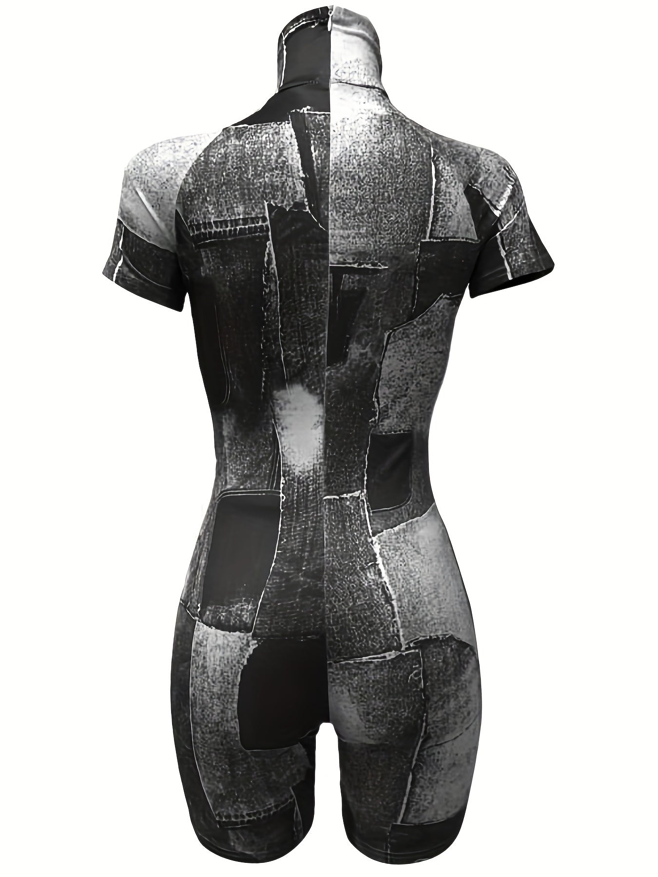 Denim Print Mock Neck Romper Jumpsuit Short Sleeve