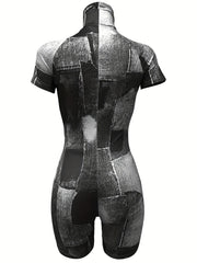 Denim Print Mock Neck Romper Jumpsuit Short Sleeve