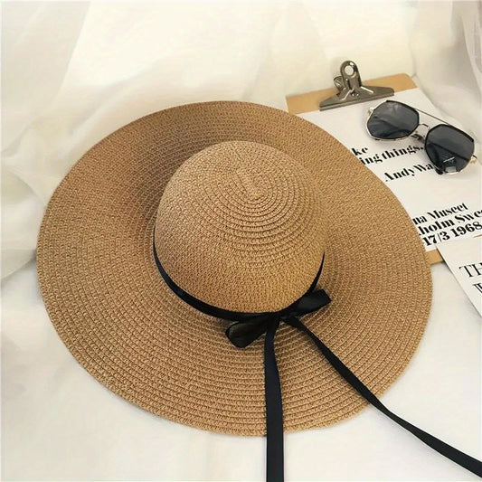 Straw Sun Hat Ribbon Bowknot Solid Sunscreen Beach Hats Floppy Foldable Cap
