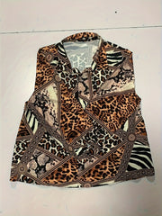  Colorblock Leopard Print Button Up Lantern Sleeve Blouse