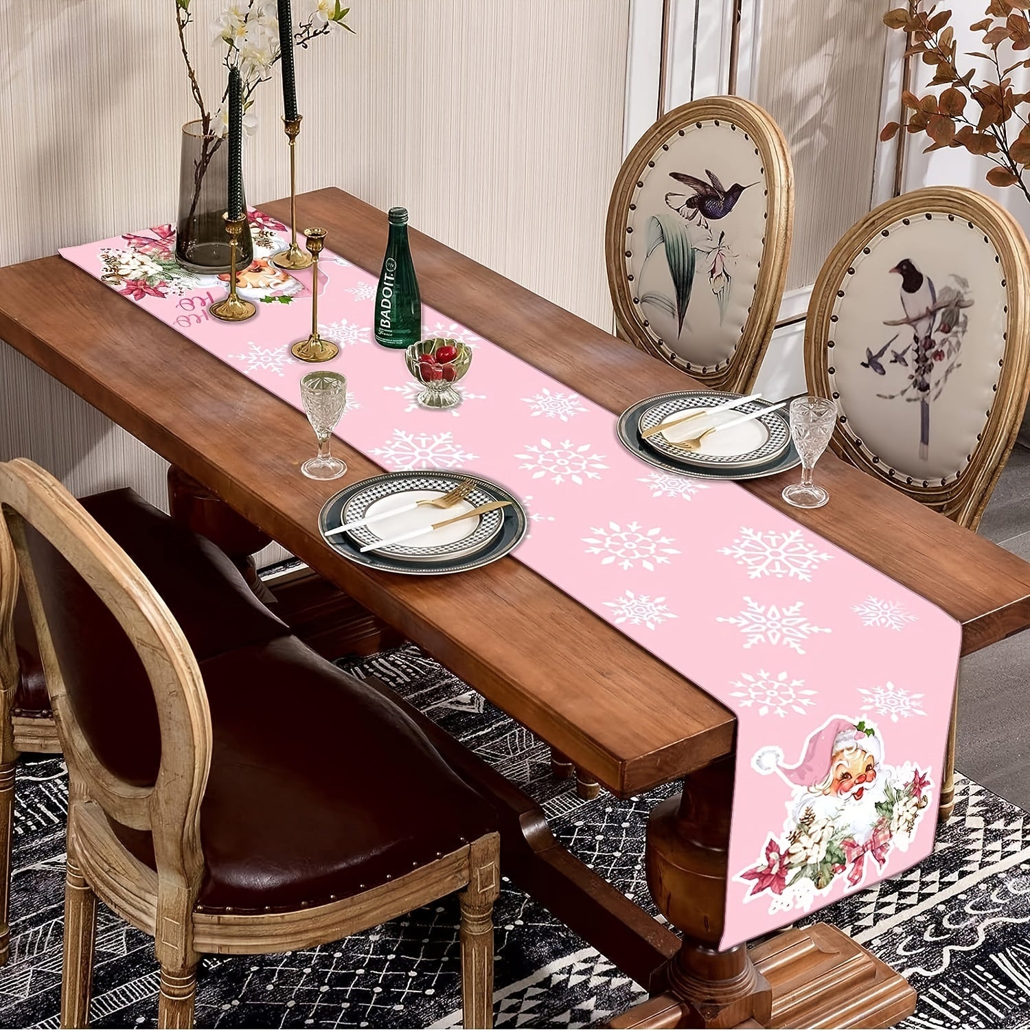 Pink Xmas Table Runner Santa Claus Snowflake Pattern