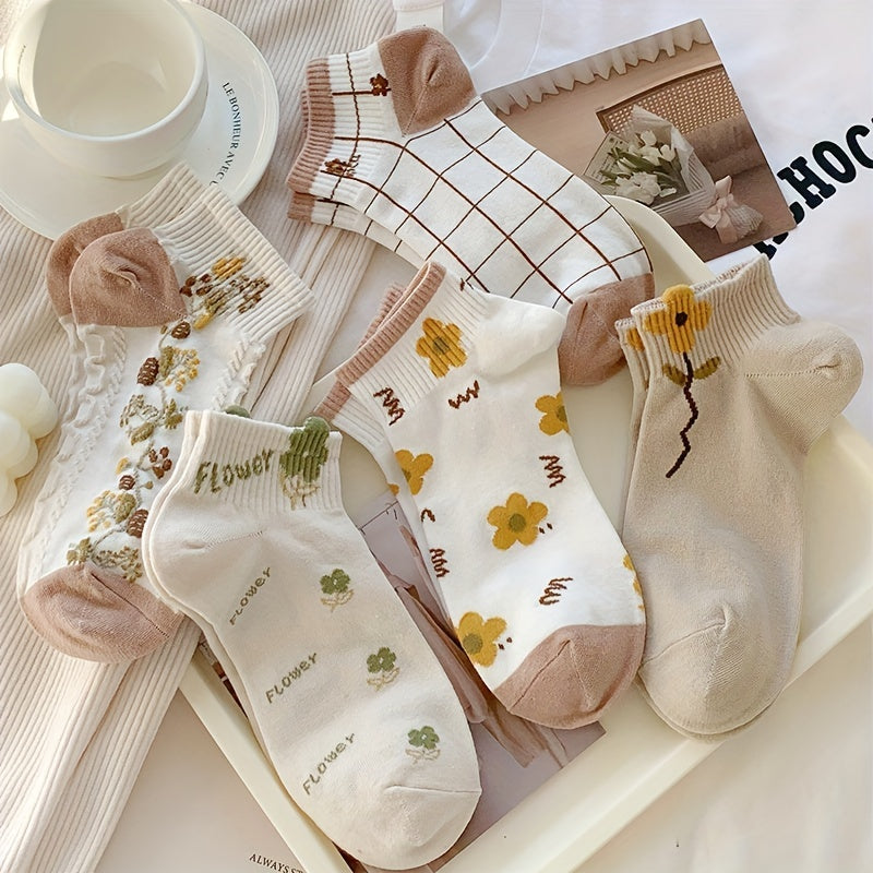 5 Pairs Floral Print Short Socks for Women