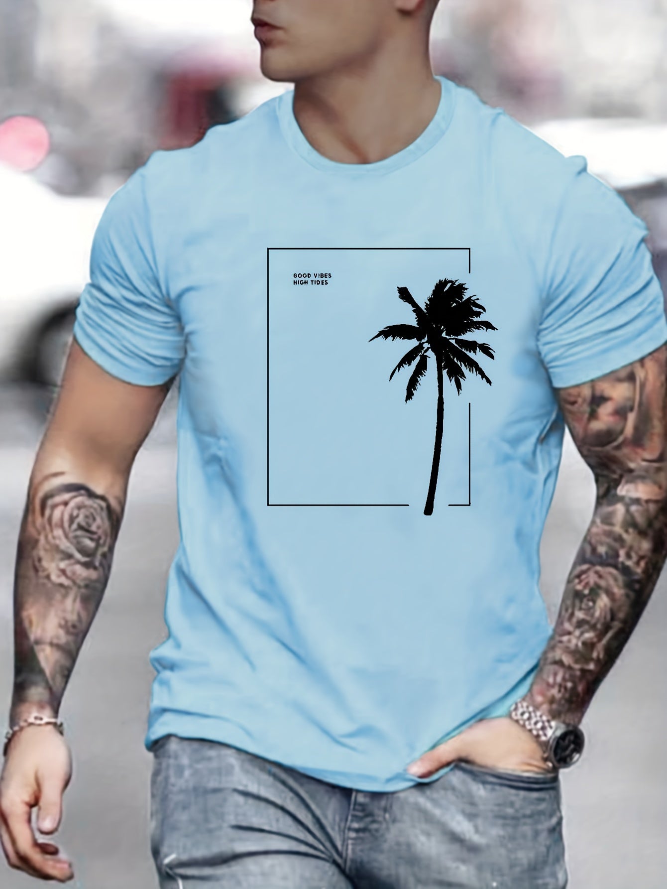 Coconut Tree Print Men's Graphic Crew Neck T shirt Casual Comfy Tees for Summer