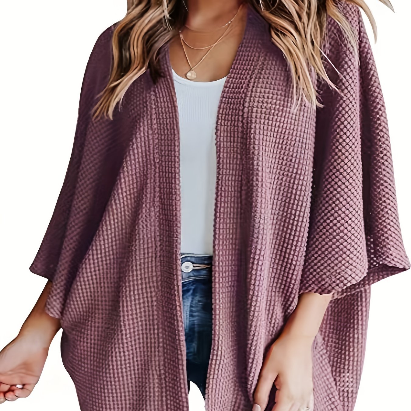  Solid Waffle Knit Bat Sleeve Cardigan