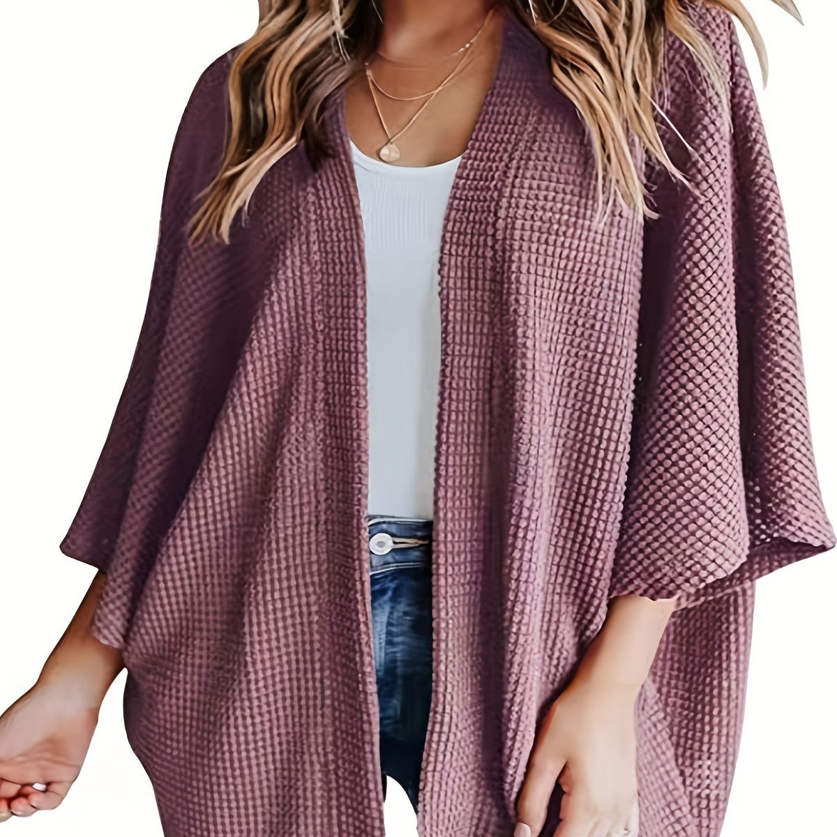  Solid Waffle Knit Bat Sleeve Cardigan