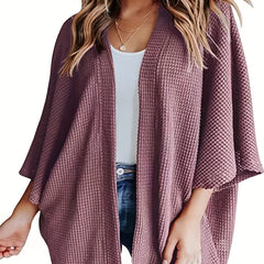  Solid Waffle Knit Bat Sleeve Cardigan