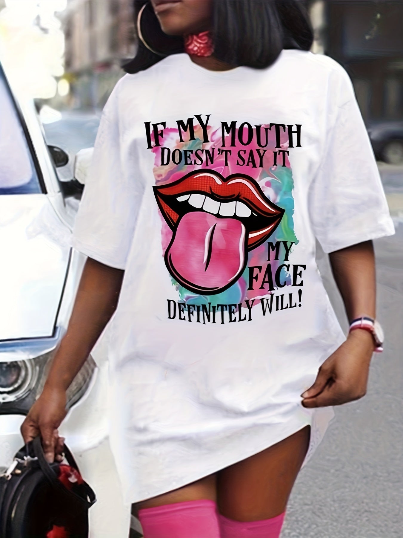  Casual Dress Women's Funny Mouth Printed Tee Dress
