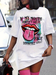  Casual Dress Women's Funny Mouth Printed Tee Dress