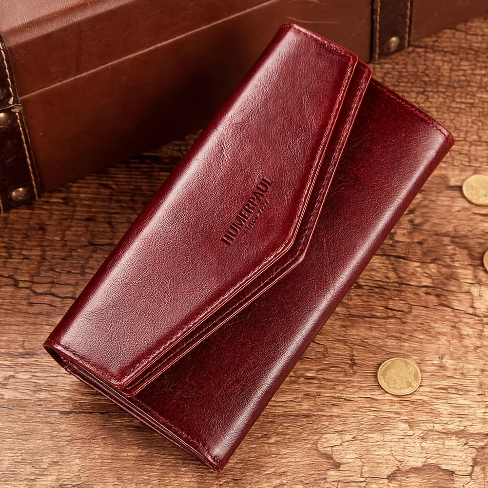 Women's Envelope Clutch Wallet Top Grain Leather Buckle Closure