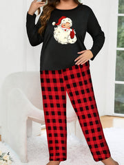  Santa Claus Print Pajamas Set Women's Long Sleeve Top & Plaid Pants