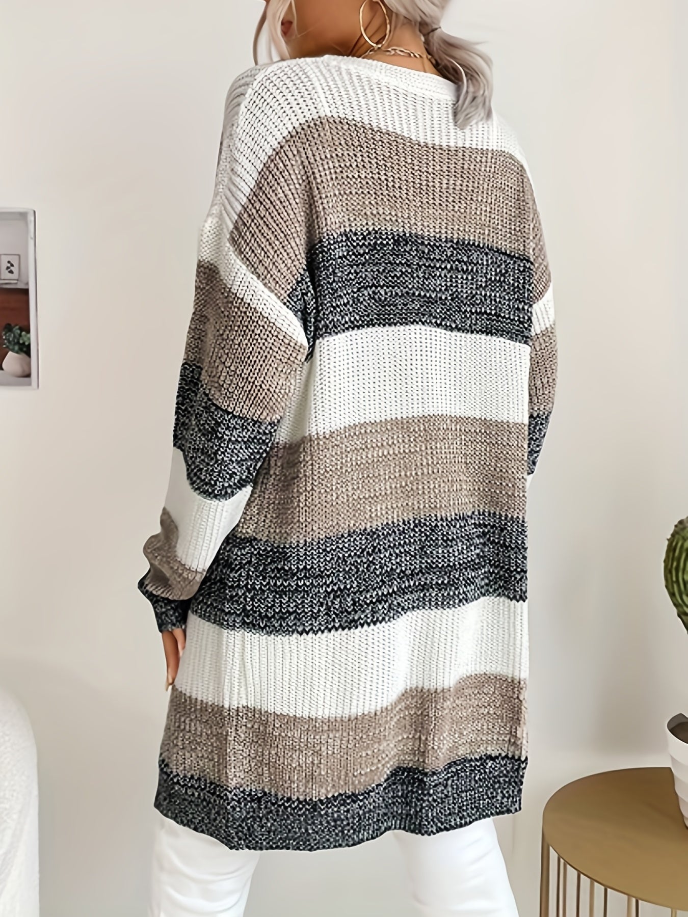  Colorblock Long Sleeve Open Front Cardigan