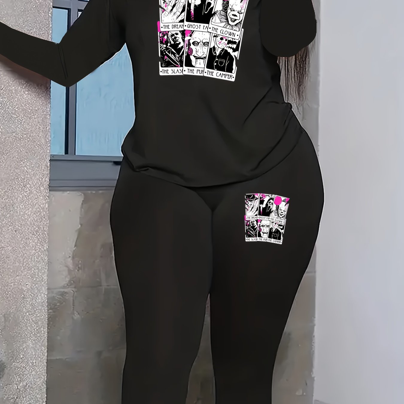 Women's Horror Figure & Letter Print 2 Piece Set Plus Size Halloween Casual Outf