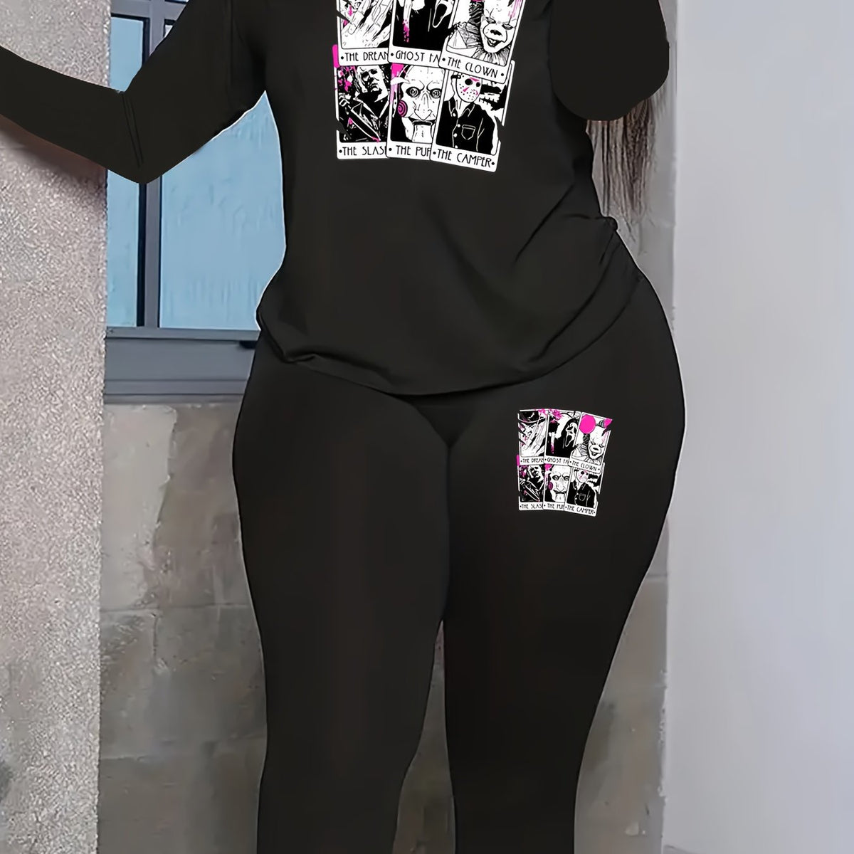 Women's Horror Figure & Letter Print 2 Piece Set Plus Size Halloween Casual Outf