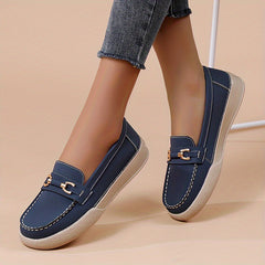 Women's Comfy Flat Loafers with Metallic Buckle Decor