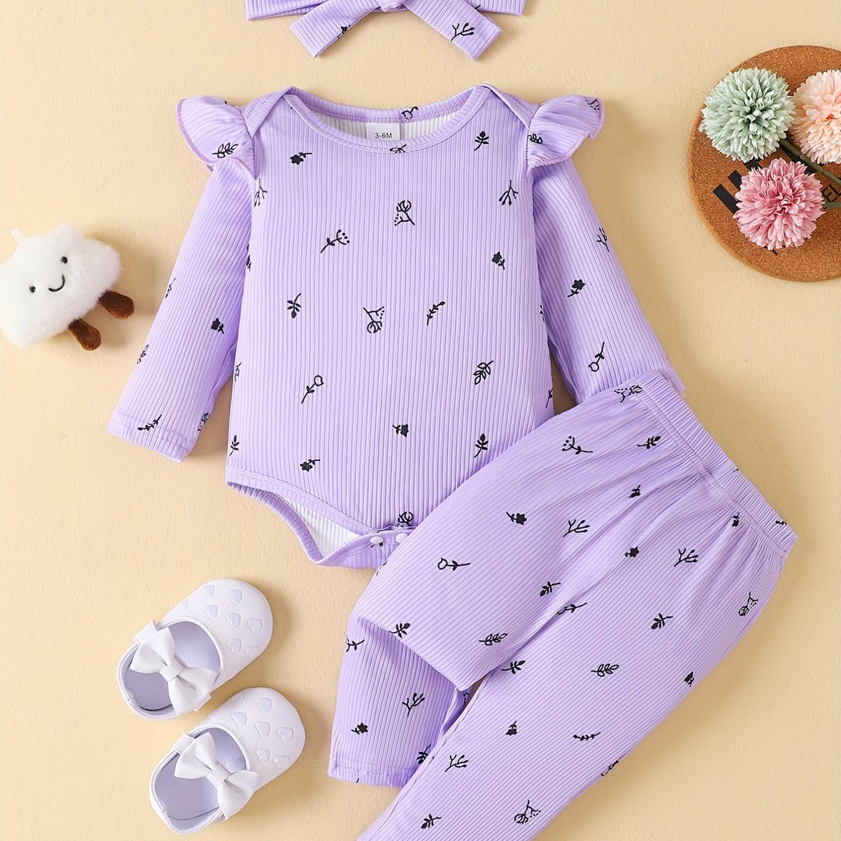 3PCS Baby Girls Plants Print Ruffle Trim Bodysuit & Pants Set