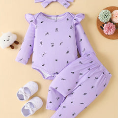 3PCS Baby Girls Plants Print Ruffle Trim Bodysuit & Pants Set