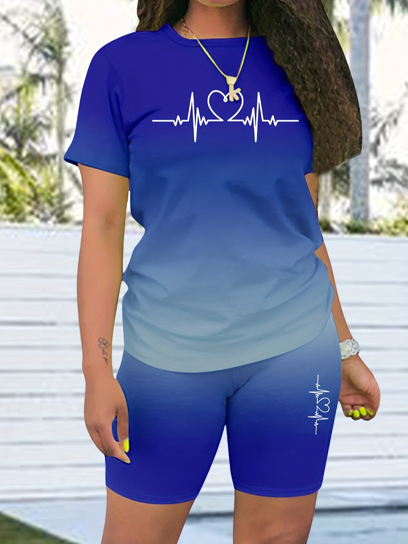 Heart Rate Ombre Two-piece Set Casual T-shirt & Shorts Outfit