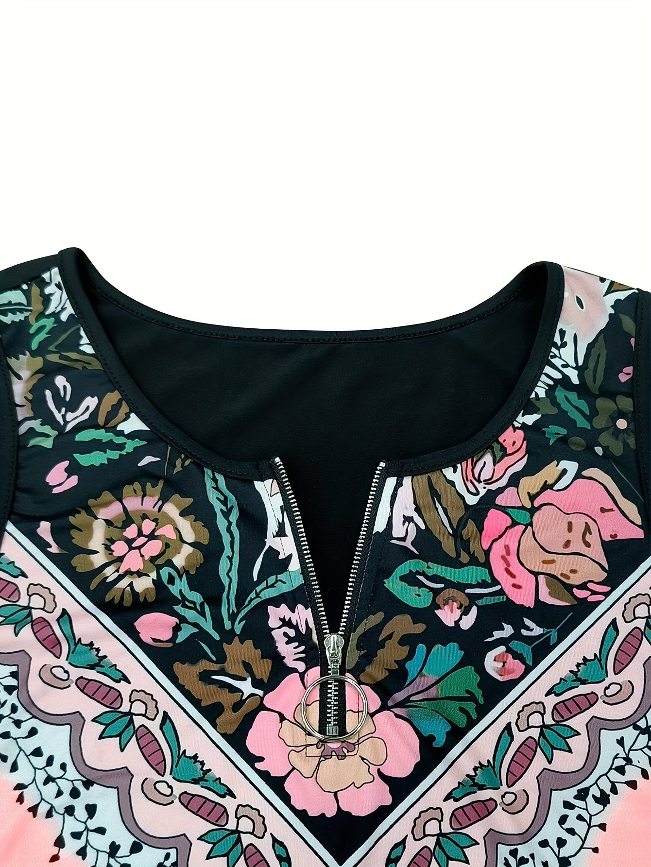  Colorblock Floral Print Zipper Notched Neck Tank Top