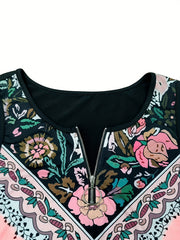  Colorblock Floral Print Zipper Notched Neck Tank Top